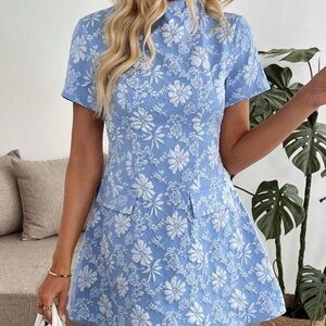 Blue Floral Short Sleeve A-Line Dress